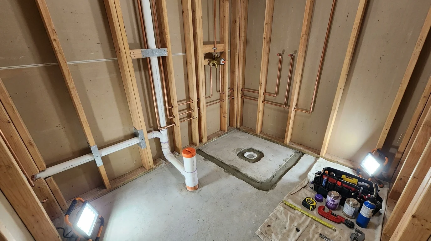 Bathroom rough-in plumbing during remodel by Johns Plumbing LLC in Sulphur Springs