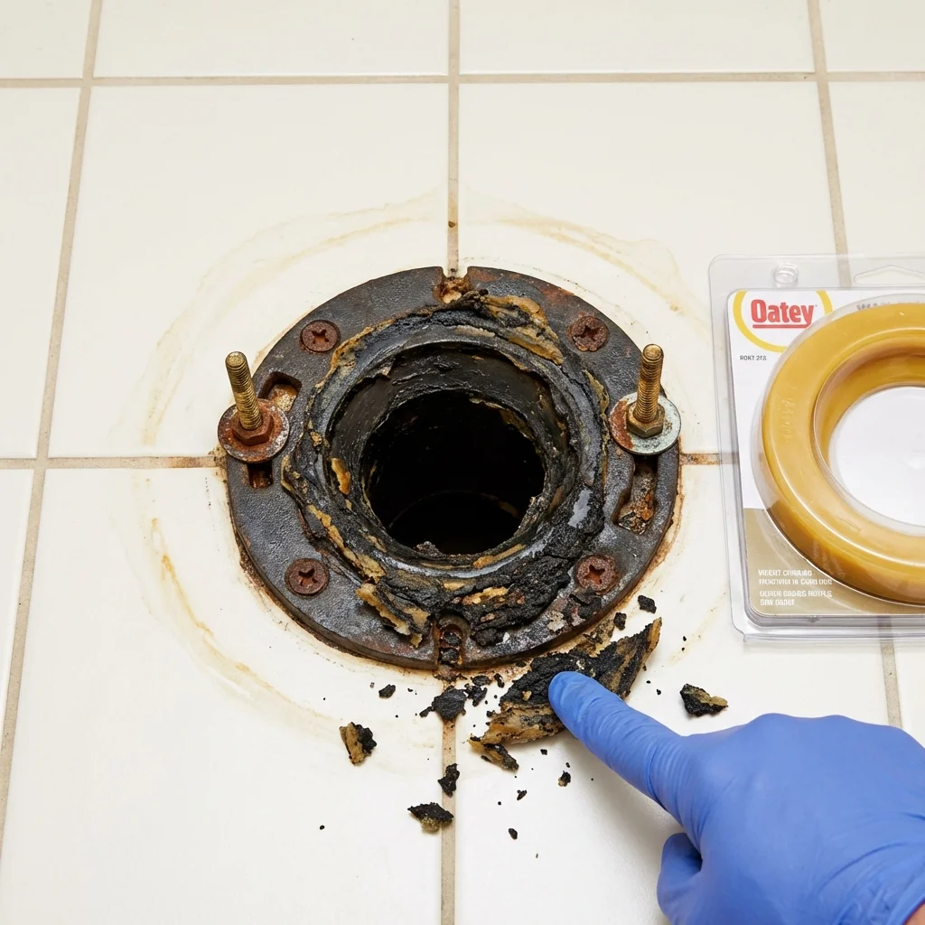 Failed wax ring showing water seepage at the base of a toilet in a Sulphur Springs, TX home