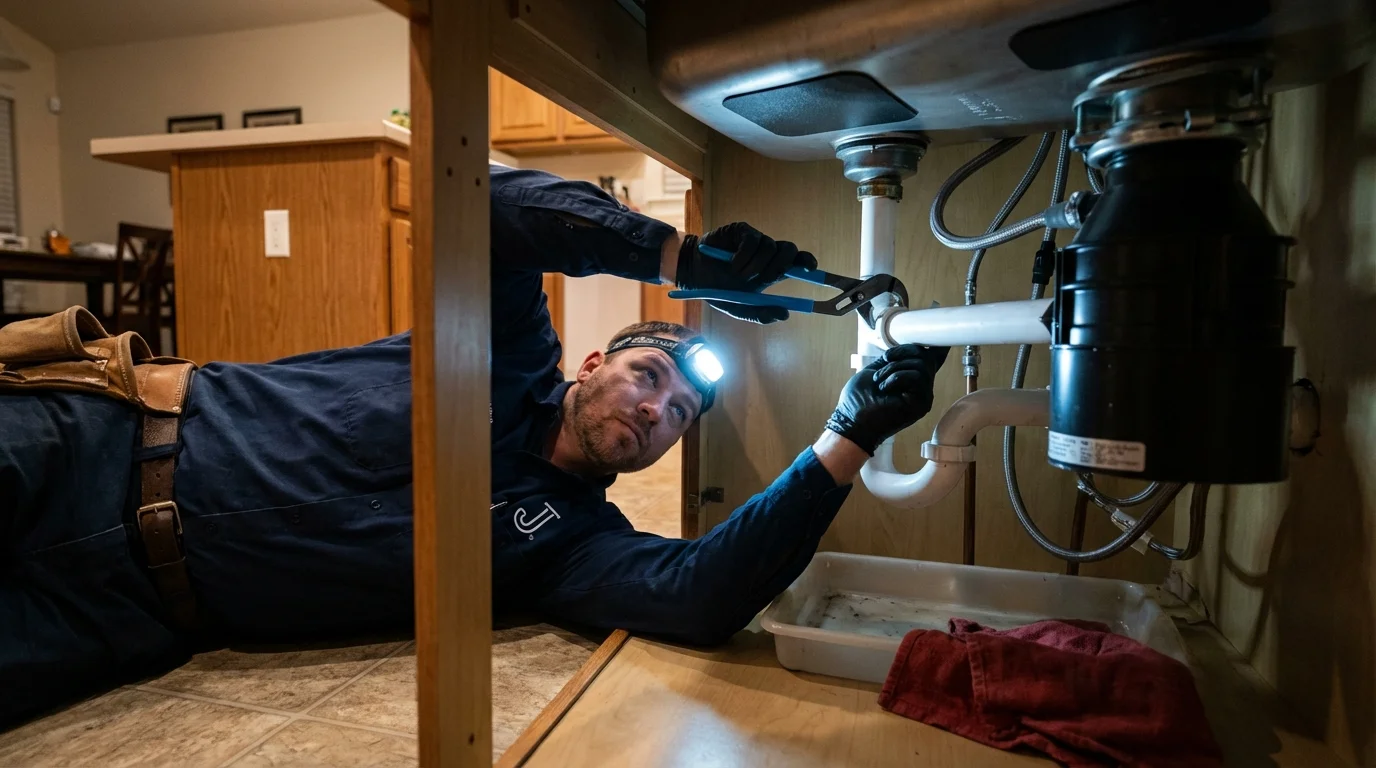 P-trap and supply line connections under a kitchen sink showing a common leak point in Sulphur Springs, TX